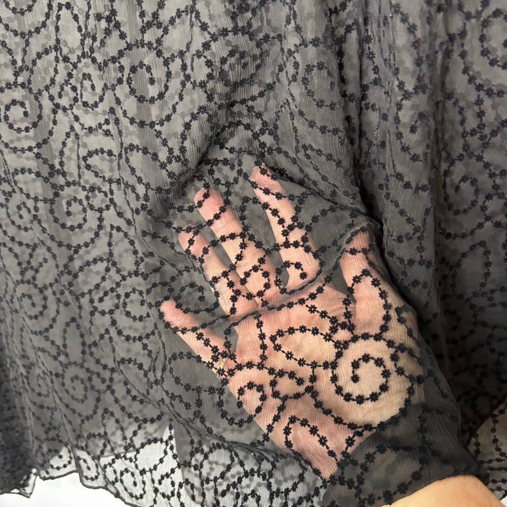 Whimsy Goth Silk Sheer Batwing Tunic Top Women Size M Black Embroidered‎ Poncho - Picture 7 of 9